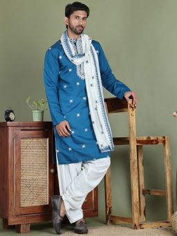 Jompers - Men's Blue Embroidered Silk Blend Kurta Salwar and Dupatta Set