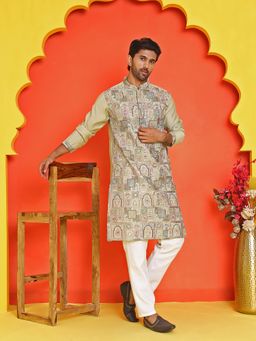 Jompers - Men's Green Silk Blend Thread Work Kurta with Pyjama
