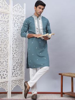 Jompers - Men's Blue Silk Blend Thread Work Kurta with Pyjama