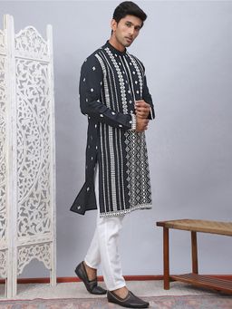 Jompers - Mens Black Silk Blend Thread Work Kurta with Pyjama