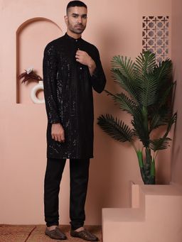 Jompers - Men's Black Viscose Rayon Embellished Kurta with Pyjama
