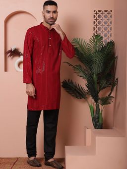 Jompers - Men's Maroon Viscose Rayon Embellished Kurta with Pyjama