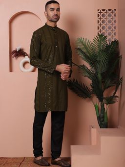 Jompers - Men's Green Viscose Rayon Embellished Kurta with Pyjama