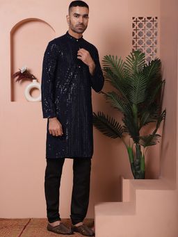 Jompers - Men's Navy Blue Viscose Rayon Embellished Kurta with Pyjama