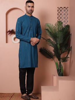 Jompers - Men's Teal Viscose Rayon Embellished Kurta with Pyjama