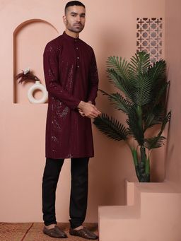 Jompers - Men's Purple Viscose Rayon Embellished Kurta with Pyjama