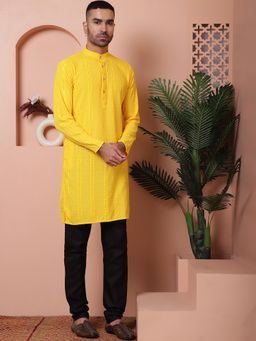 Jompers - Mens Yellow Viscose Rayon Thread Work Kurta with Pyjama