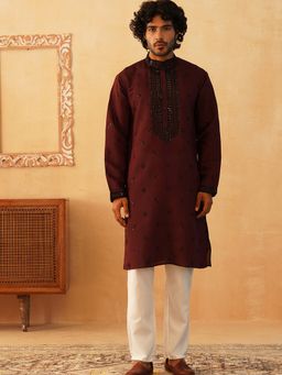 Jompers - Mens Maroon Silk Blend Embellished Kurta with Pyjama