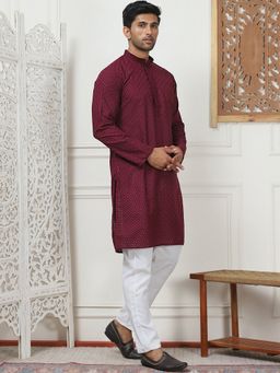 Jompers - Men's Purple Pure Cotton Thread Work Kurta with Pyjama