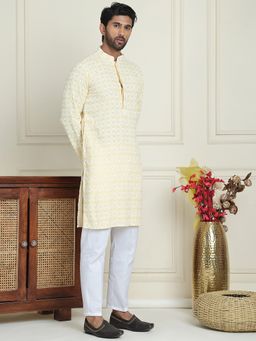 Jompers - Men's Yellow Viscose Rayon Thread Work Kurta with Pyjama