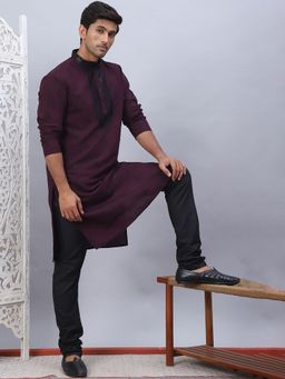 Jompers - Men's Wine Silk Blend Embellished Kurta with Pyjama