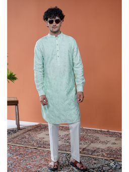 Philocaly - Men Taazgi Green Silk Blend Mandarin Neck Thread Work Kurta