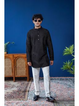 Philocaly - Men Raakh Black Silk Blend Mandarin Neck Embroidered Kurta