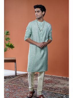 Philocaly - Men Terrain Green Cotton Blend Mandarin Neck Printed Kurta