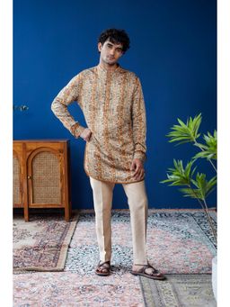 Philocaly - Men Tevan Tan Blended Mandarin Neck Printed Kurta