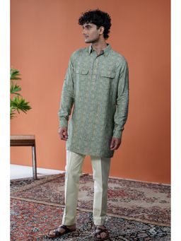 Philocaly - Men Aarivan Green Cotton Blend Collar Neck Printed Kurta