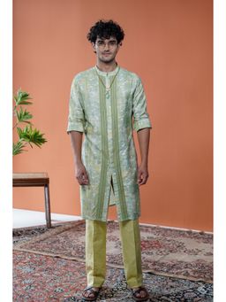 Philocaly - Men Vasanta Green Cotton Blend Mandarin Neck Thread Work Kurta
