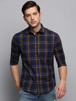 SHOWOFF - Mens Spread Collar Checked Navy Blue Classic Shirt