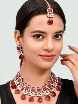 Silvermerc Designs - Gold Plated Red and Kundan Beaded Studded Jewellery (Set of 3)