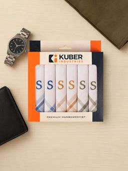 Kuber Industries - Monogram Letter S Embroidery Border Cotton Handkerchief - White (Pack of 6)