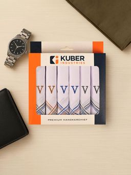 Kuber Industries - Monogram Letter V Embroidery Border Cotton Handkerchief - White (Pack of 6)
