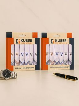 Kuber Industries - Monogram Letter V Embroidery Border Cotton Handkerchief - White (Pack of 6)