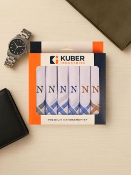 Kuber Industries - Monogram Letter N Embroidery Border Cotton Handkerchief - White (Pack of 6)