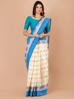 LAA CALCUTTA - White and Blue Pure Cotton Tant Saree