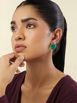Isharya - Emerald Radiance Heart Studs In Rhodium Plating - Green