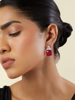 Isharya - Crimson Elegance Dangler Earrings In Rhodium Plating - Red