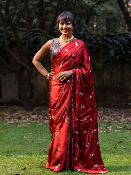 Suta - Red Floral Embroidered Liva Saree