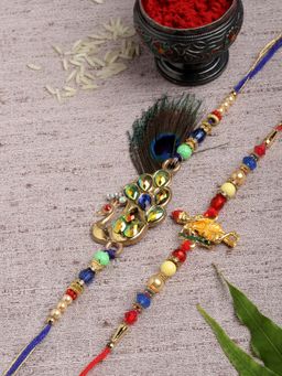 PANASH - Men Set Of 2 Gold-Toned Sri Krishna & Pecock Designer Rakhis With Roli Chawal