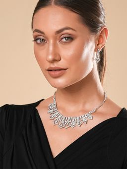 Yellow Chimes - Silver-Plated White Crystal Studded Jewellery Set