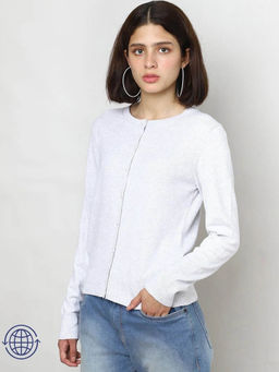 GAP - Women Grey Cotton Crew-Neck Cardigan