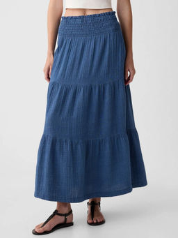 GAP - Women Blue Shirring Detail Relaxed Mid-Rise Skirt