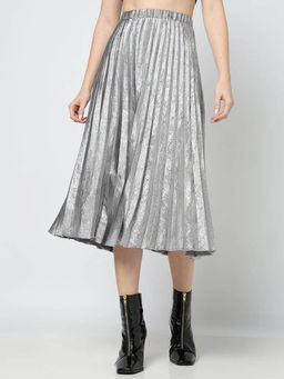 GAP - Women Regular Fit Metallic Silver High-Rise Pleated Skirt