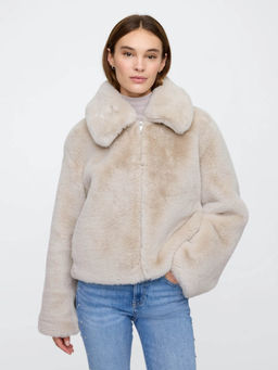 GAP - Women Beige Spread Collar Fur Jacket