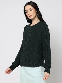 GAP - Women Green Round Neck Cable-Knit Pullover Sweater