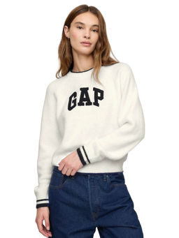 GAP - Women Cream Applique Logo Round Neck Pullover Sweater