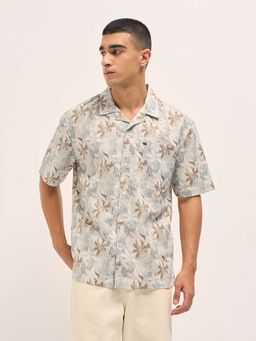 The Bear House - Men Oversized Fit Beige Floral Print Casual Shirt