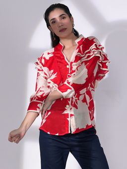 IKI CHIC - Red Floral-Printed Chiffon Ruffle Shirt