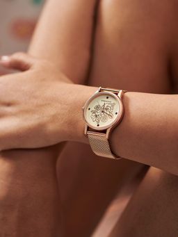 Teal by CHUMBAK - Abstract Peacock Watch Metal Mesh Strap Dial Beige