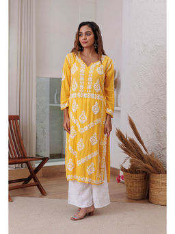 RANGREZA ETHNIC - Sunehri Women Modal Kurta Chikankari Work Yellow