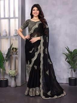 Suha - Black Chiffon Embroidered Saree with Unstitched Blouse