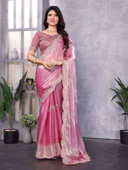 Suha - Chiffon Embroidered Pink Saree with Unstitched Blouse