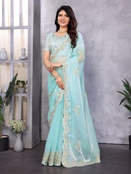 Suha - Blue Chiffon Embroidered Saree with Unstitched Blouse