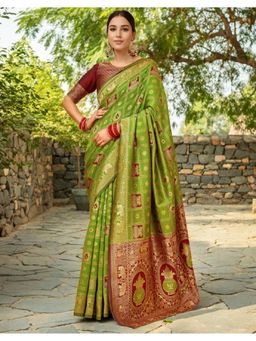 Suha - Art Silk Olive Woven Saree with Unstitched Blouse