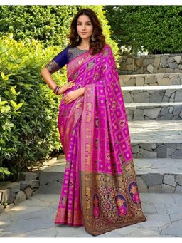 Suha - Women'S Pink Art Silk Woven Saree with Unstitched Blouse