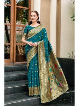 Suha - Women'S Teal Art Silk Woven Saree with Unstitched Blouse