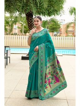 Suha - Art Silk Green Woven Handloom Saree with Unstitched Blouse
